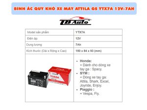 Bình ắc quy xe máy Attila GS YTX7A 12V-7AH 2 Ắc quy xe máy GS YTX7A là loại ắc quy khô, miễn bảo dưỡng